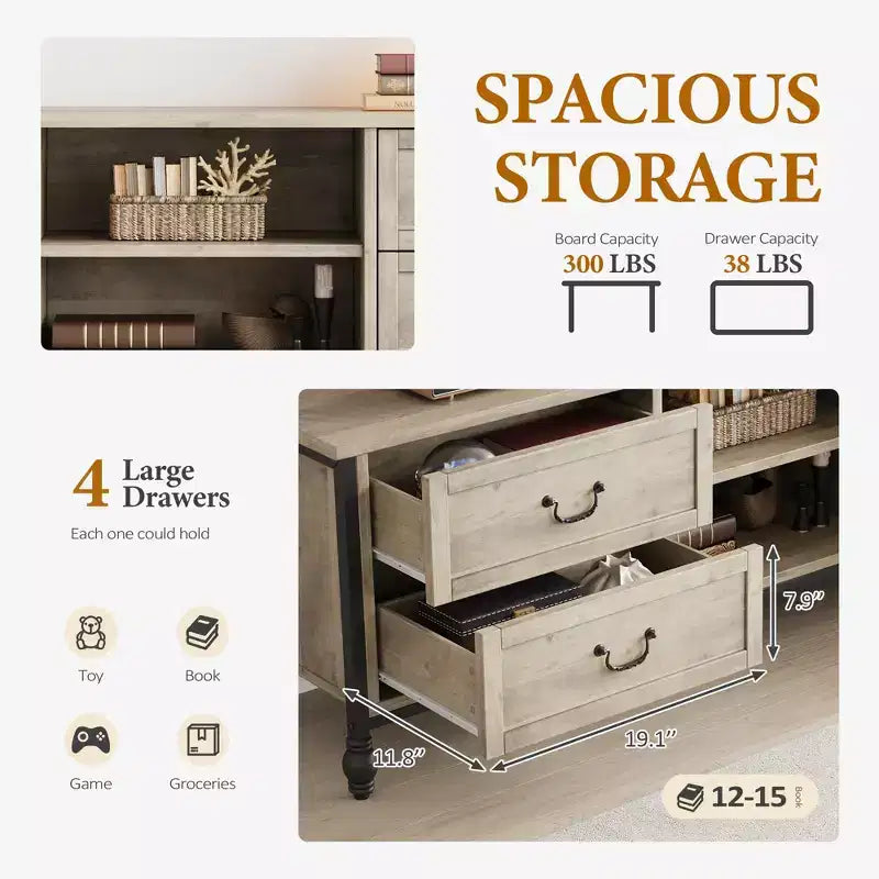 Meuble TV avec rangement, Meuble TV moderne du milieu du siècle avec 4 colonnes romaines en métal et 4 tiroirs pour le salon