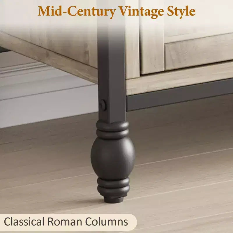 Meuble TV avec rangement, Meuble TV moderne du milieu du siècle avec 4 colonnes romaines en métal et 4 tiroirs pour le salon