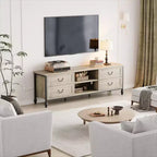 Meuble TV avec rangement, Meuble TV moderne du milieu du siècle avec 4 colonnes romaines en métal et 4 tiroirs pour le salon