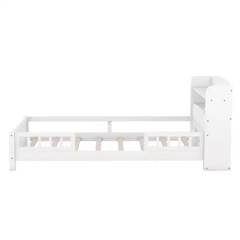 Lit plateforme avec étagères de rangement, tête de lit lumineuse à LED, garde-corps, sommier tapissier non requis, taille simple blanc