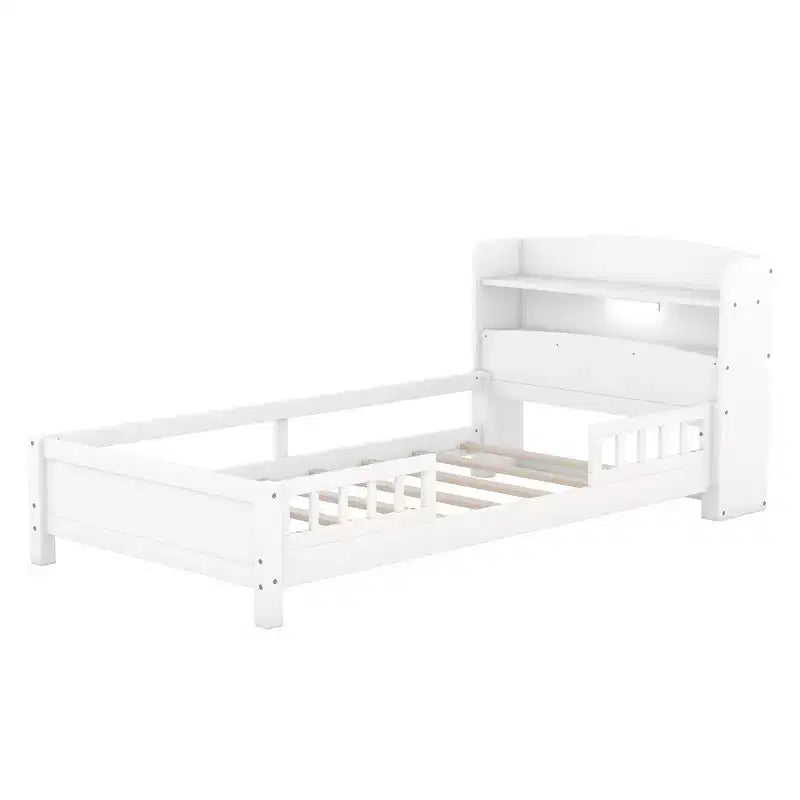 Lit plateforme avec étagères de rangement, tête de lit lumineuse à LED, garde-corps, sommier tapissier non requis, taille simple blanc