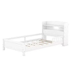 Lit plateforme avec étagères de rangement, tête de lit lumineuse à LED, garde-corps, sommier tapissier non requis, taille simple blanc