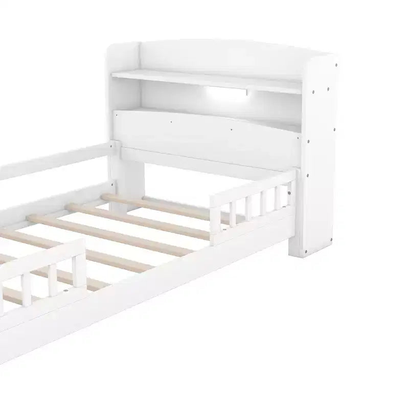 Lit plateforme avec étagères de rangement, tête de lit lumineuse à LED, garde-corps, sommier tapissier non requis, taille simple blanc