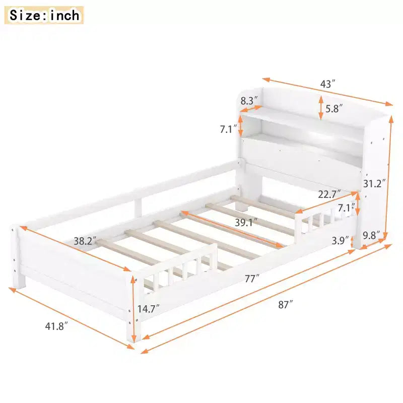 Lit plateforme avec étagères de rangement, tête de lit lumineuse à LED, garde-corps, sommier tapissier non requis, taille simple blanc