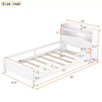 Lit plateforme avec étagères de rangement, tête de lit lumineuse à LED, garde-corps, sommier tapissier non requis, taille simple blanc
