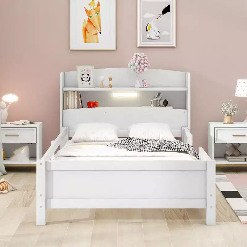 Lit plateforme avec étagères de rangement, tête de lit lumineuse à LED, garde-corps, sommier tapissier non requis, taille simple blanc