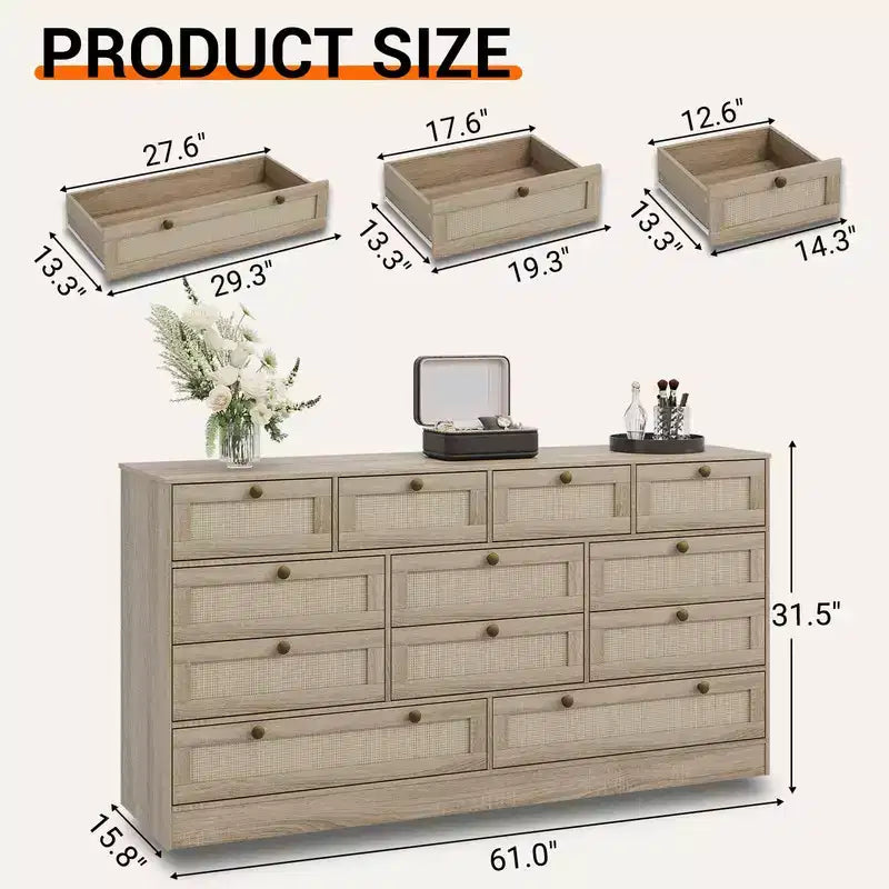 Commode en bois avec 12 tiroirs en rotin, commode large de 155 cm, commode de couloir, commode de placard en bois, commode TV moderne pour téléviseur de 65 pouces