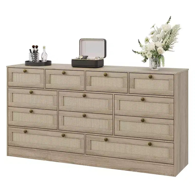 Commode en bois avec 12 tiroirs en rotin, commode large de 155 cm, commode de couloir, commode de placard en bois, commode TV moderne pour téléviseur de 65 pouces