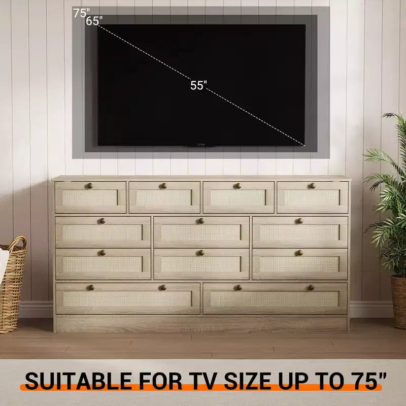 Commode en bois avec 12 tiroirs en rotin, commode large de 155 cm, commode de couloir, commode de placard en bois, commode TV moderne pour téléviseur de 65 pouces
