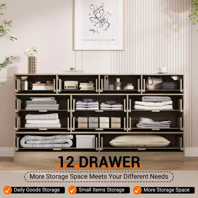 Commode en bois avec 12 tiroirs en rotin, commode large de 155 cm, commode de couloir, commode de placard en bois, commode TV moderne pour téléviseur de 65 pouces