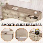 Commode en bois avec 12 tiroirs en rotin, commode large de 155 cm, commode de couloir, commode de placard en bois, commode TV moderne pour téléviseur de 65 pouces