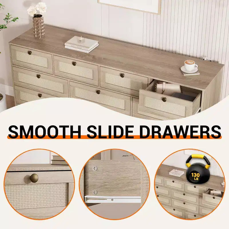 Commode en bois avec 12 tiroirs en rotin, commode large de 155 cm, commode de couloir, commode de placard en bois, commode TV moderne pour téléviseur de 65 pouces