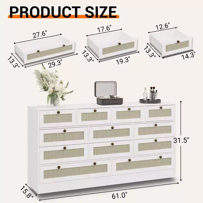 Commode en bois avec 12 tiroirs en rotin, commode large de 155 cm, commode de couloir, commode de placard en bois, commode TV moderne pour téléviseur de 65 pouces