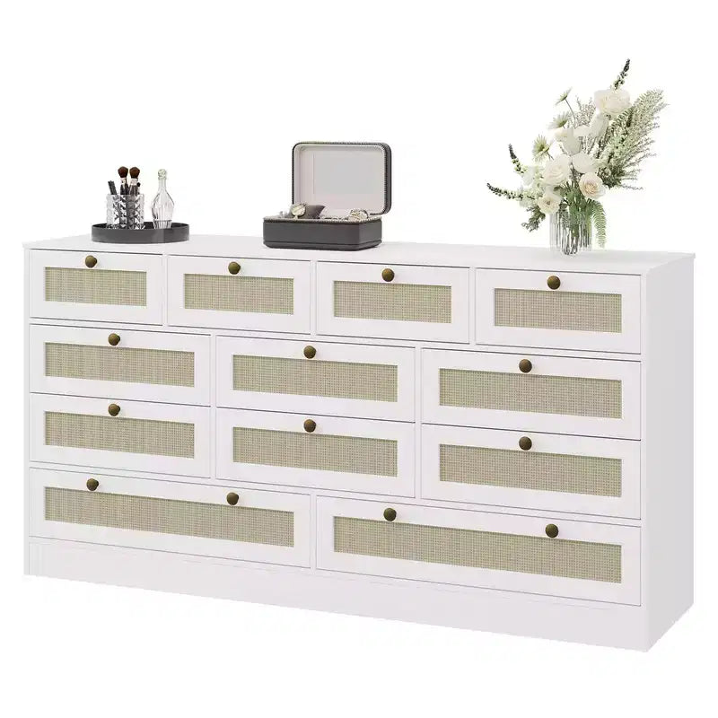 Commode en bois avec 12 tiroirs en rotin, commode large de 155 cm, commode de couloir, commode de placard en bois, commode TV moderne pour téléviseur de 65 pouces