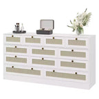 Commode en bois avec 12 tiroirs en rotin, commode large de 155 cm, commode de couloir, commode de placard en bois, commode TV moderne pour téléviseur de 65 pouces