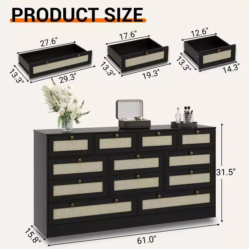Commode en bois avec 12 tiroirs en rotin, commode large de 155 cm, commode de couloir, commode de placard en bois, commode TV moderne pour téléviseur de 65 pouces