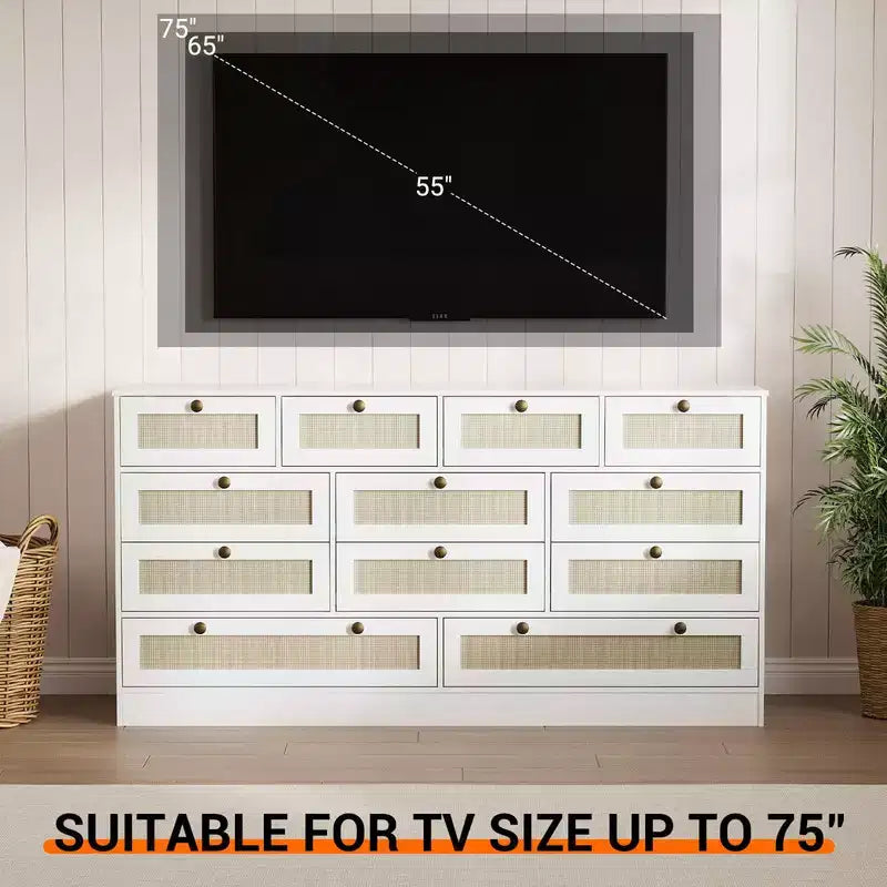 Commode en bois avec 12 tiroirs en rotin, commode large de 155 cm, commode de couloir, commode de placard en bois, commode TV moderne pour téléviseur de 65 pouces