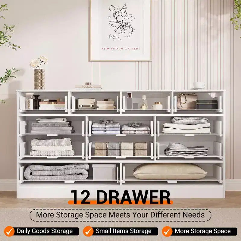 Commode en bois avec 12 tiroirs en rotin, commode large de 155 cm, commode de couloir, commode de placard en bois, commode TV moderne pour téléviseur de 65 pouces
