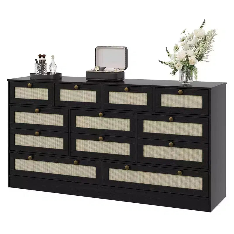 Commode en bois avec 12 tiroirs en rotin, commode large de 155 cm, commode de couloir, commode de placard en bois, commode TV moderne pour téléviseur de 65 pouces