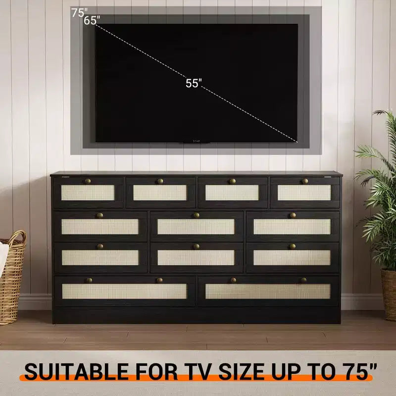 Commode en bois avec 12 tiroirs en rotin, commode large de 155 cm, commode de couloir, commode de placard en bois, commode TV moderne pour téléviseur de 65 pouces