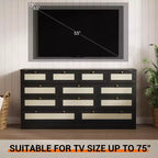 Commode en bois avec 12 tiroirs en rotin, commode large de 155 cm, commode de couloir, commode de placard en bois, commode TV moderne pour téléviseur de 65 pouces