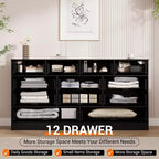 Commode en bois avec 12 tiroirs en rotin, commode large de 155 cm, commode de couloir, commode de placard en bois, commode TV moderne pour téléviseur de 65 pouces