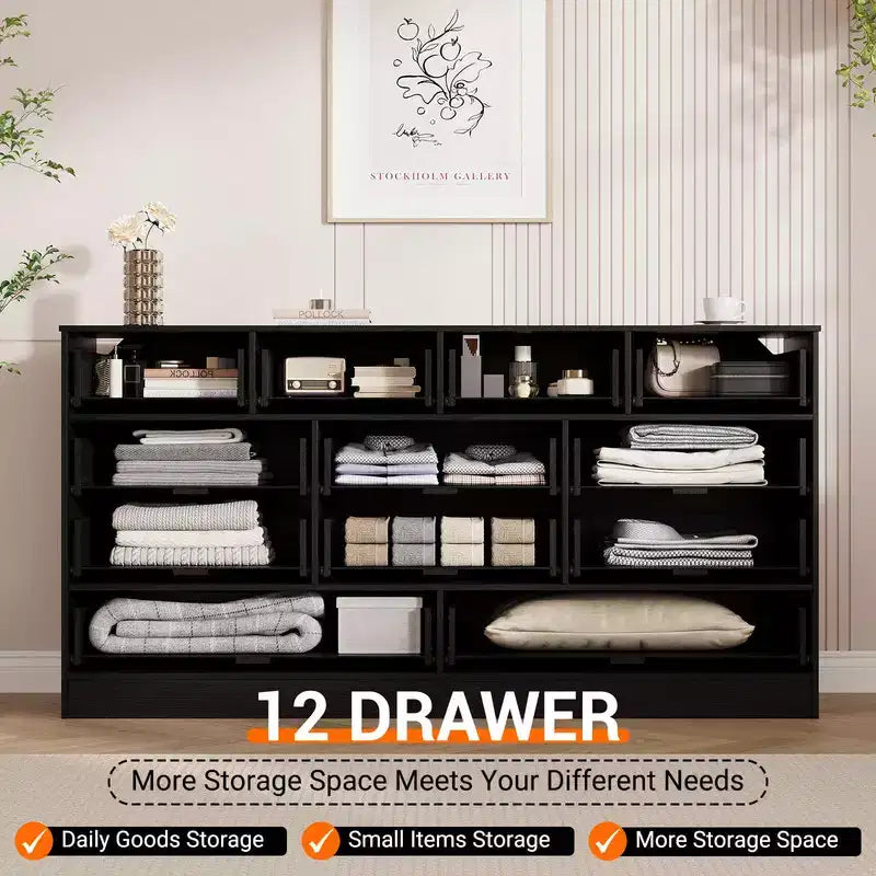 Commode en bois avec 12 tiroirs en rotin, commode large de 155 cm, commode de couloir, commode de placard en bois, commode TV moderne pour téléviseur de 65 pouces
