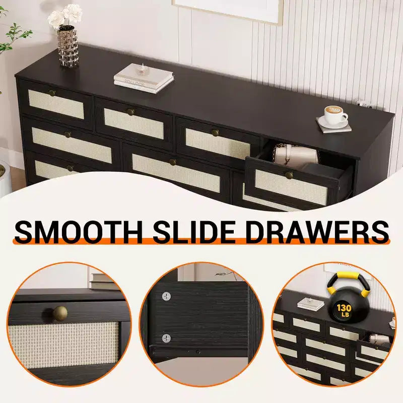 Commode en bois avec 12 tiroirs en rotin, commode large de 155 cm, commode de couloir, commode de placard en bois, commode TV moderne pour téléviseur de 65 pouces