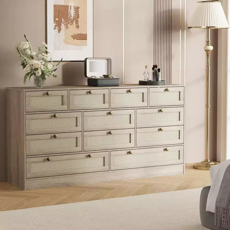 Commode en bois avec 12 tiroirs en rotin, commode large de 155 cm, commode de couloir, commode de placard en bois, commode TV moderne pour téléviseur de 65 pouces