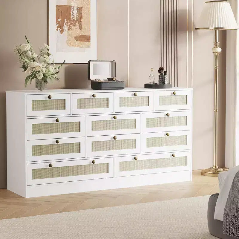 Commode en bois avec 12 tiroirs en rotin, commode large de 155 cm, commode de couloir, commode de placard en bois, commode TV moderne pour téléviseur de 65 pouces