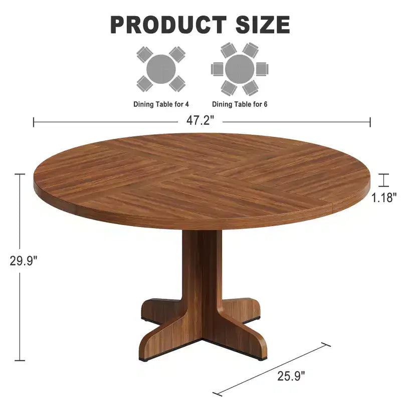 Table de salle à manger ronde pour 4 personnes, Table de salle à manger circulaire avec base en bois pour cuisine, salon, noyer