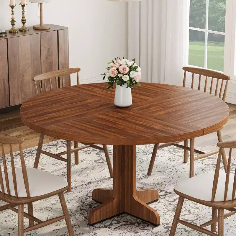 Table de salle à manger ronde pour 4 personnes, Table de salle à manger circulaire avec base en bois pour cuisine, salon, noyer