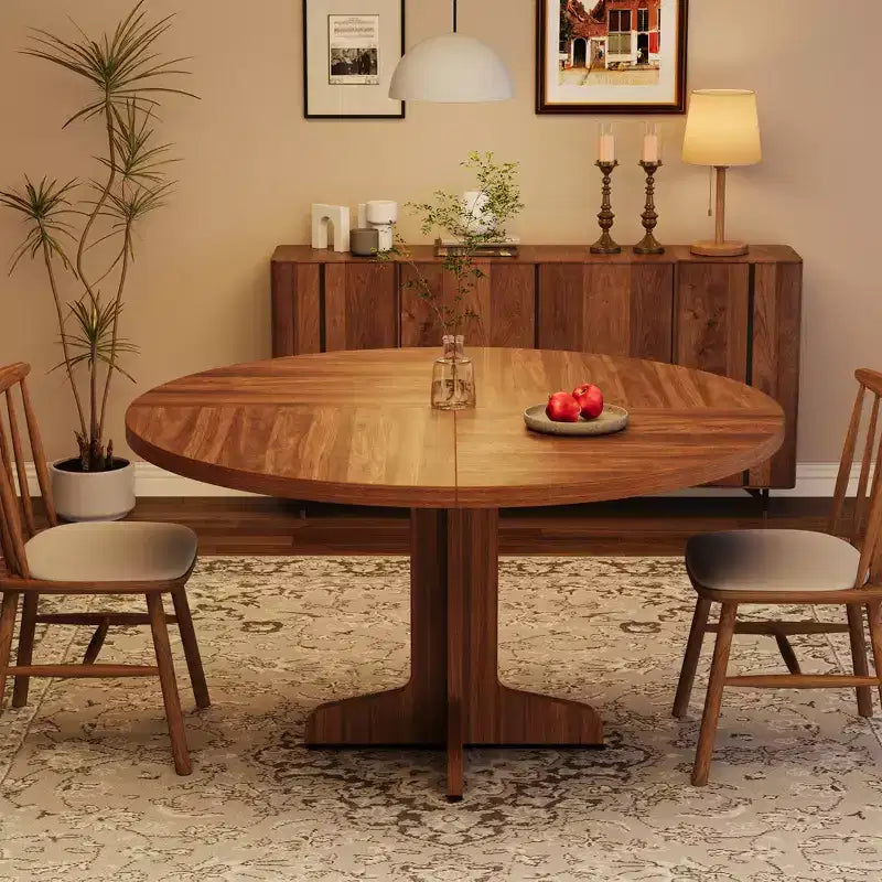 Table de salle à manger ronde pour 4 personnes, Table de salle à manger circulaire avec base en bois pour cuisine, salon, noyer