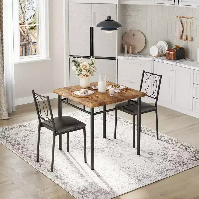 Table à manger pour 2, Table de cuisine pour petit espace avec 2 chaises rembourrées, Table en bois style ferme pour appartement, Coin repas