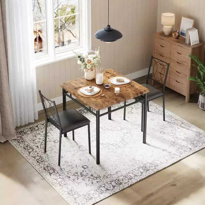 Table à manger pour 2, Table de cuisine pour petit espace avec 2 chaises rembourrées, Table en bois style ferme pour appartement, Coin repas