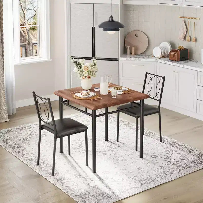 Table à manger pour 2, Table de cuisine pour petit espace avec 2 chaises rembourrées, Table en bois style ferme pour appartement, Coin repas