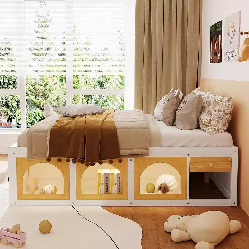 Lit plateforme en bois Miller avec étagère, vitrine, éclairage LED et tiroir