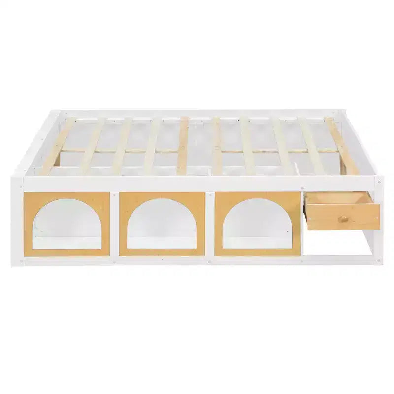 Lit plateforme en bois Miller avec étagère, vitrine, éclairage LED et tiroir