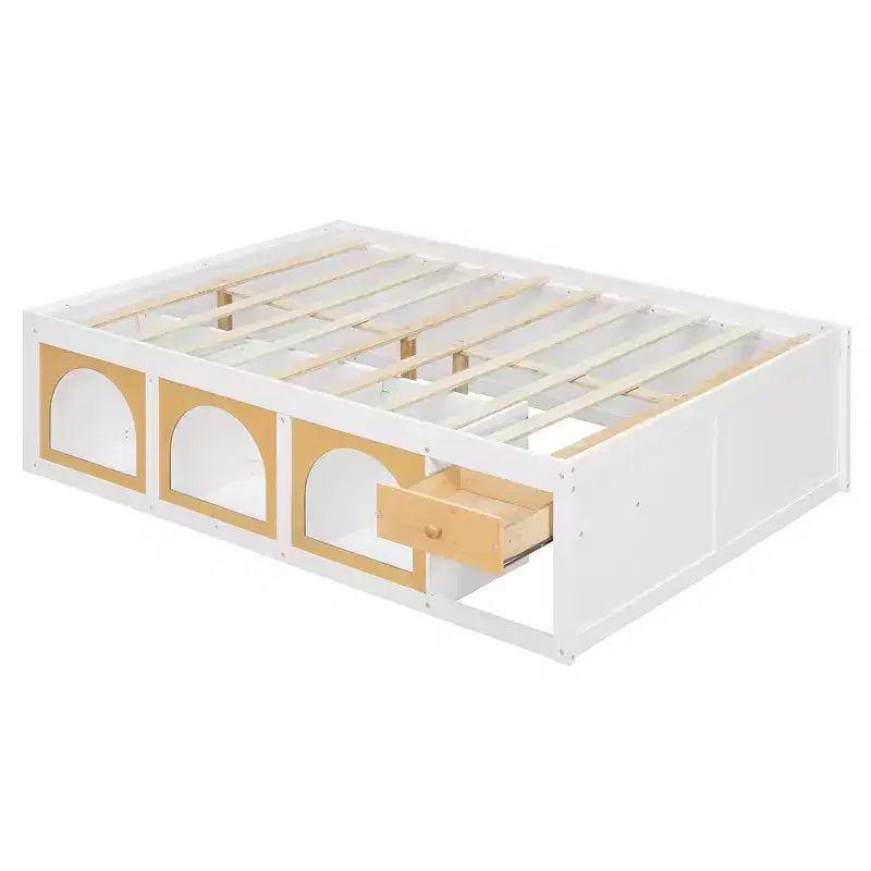 Lit plateforme en bois Miller avec étagère, vitrine, éclairage LED et tiroir