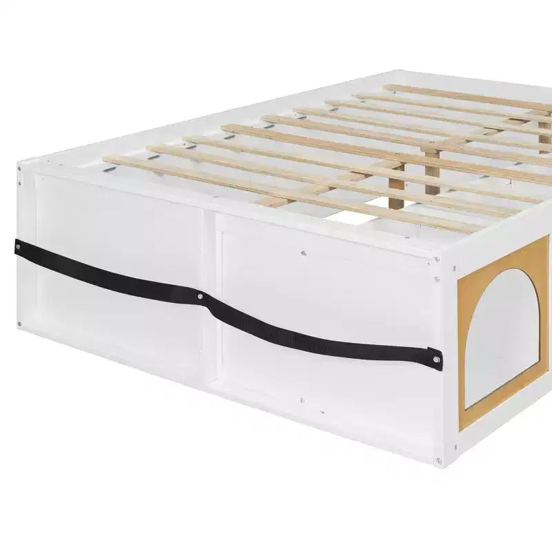 Lit plateforme en bois Miller avec étagère, vitrine, éclairage LED et tiroir