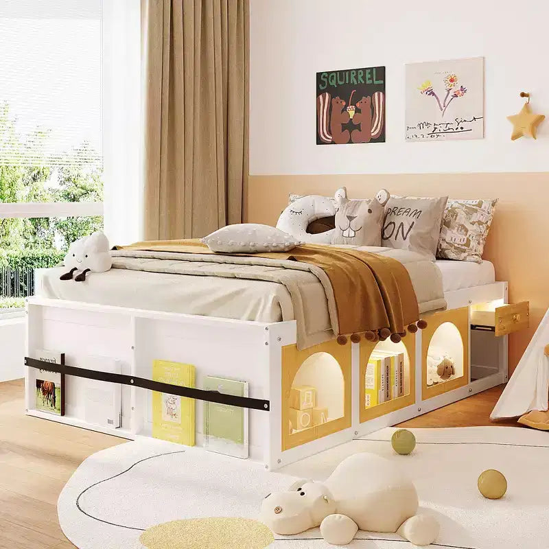 Lit plateforme en bois Miller avec étagère, vitrine, éclairage LED et tiroir