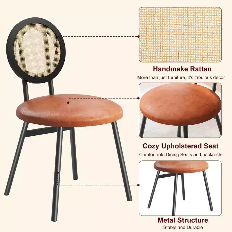 Chaises de salle à manger tapissées avec dossier en cannage, Chaises de cuisine modernes avec pieds en métal, Siège souple ergonomique pour salle à manger