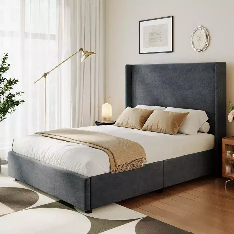 Tête de lit capitonnée à oreilles pour lit plateforme Queen Size - 140 cm de haut, lattes en bois massif, sommier tapissier non requis, base anti-bruit
