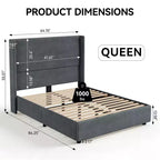 Tête de lit capitonnée à oreilles pour lit plateforme Queen Size - 140 cm de haut, lattes en bois massif, sommier tapissier non requis, base anti-bruit
