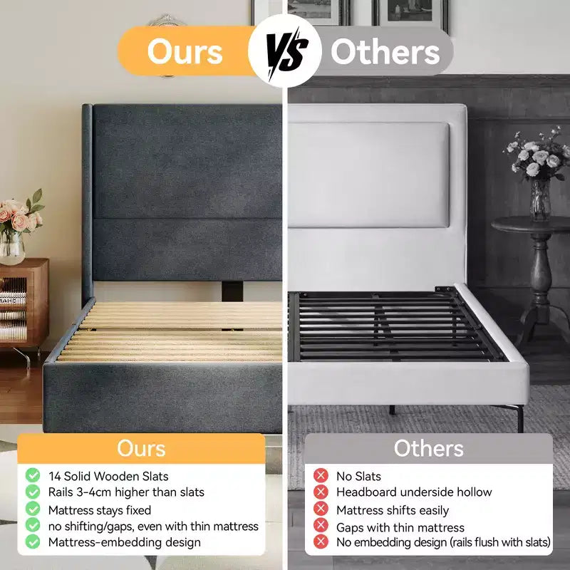 Tête de lit capitonnée à oreilles pour lit plateforme Queen Size - 140 cm de haut, lattes en bois massif, sommier tapissier non requis, base anti-bruit