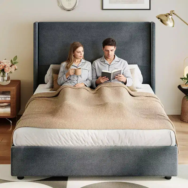 Tête de lit capitonnée à oreilles pour lit plateforme Queen Size - 140 cm de haut, lattes en bois massif, sommier tapissier non requis, base anti-bruit