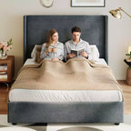 Tête de lit capitonnée à oreilles pour lit plateforme Queen Size - 140 cm de haut, lattes en bois massif, sommier tapissier non requis, base anti-bruit