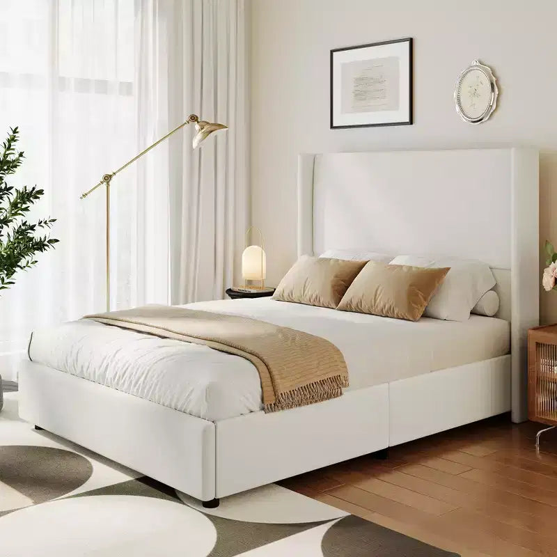 Tête de lit capitonnée à oreilles pour lit plateforme Queen Size - 140 cm de haut, lattes en bois massif, sommier tapissier non requis, base anti-bruit