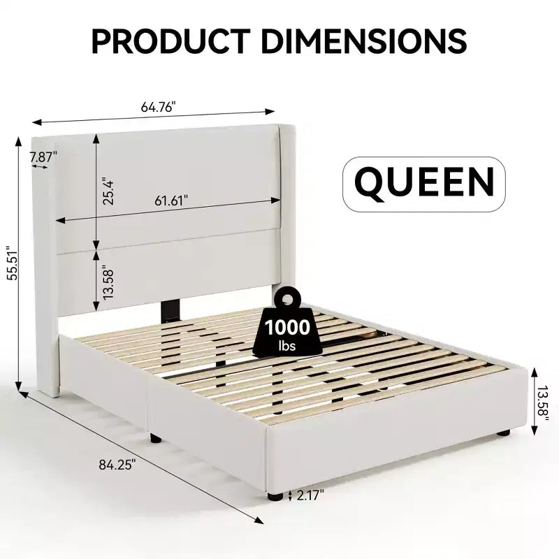 Tête de lit capitonnée à oreilles pour lit plateforme Queen Size - 140 cm de haut, lattes en bois massif, sommier tapissier non requis, base anti-bruit