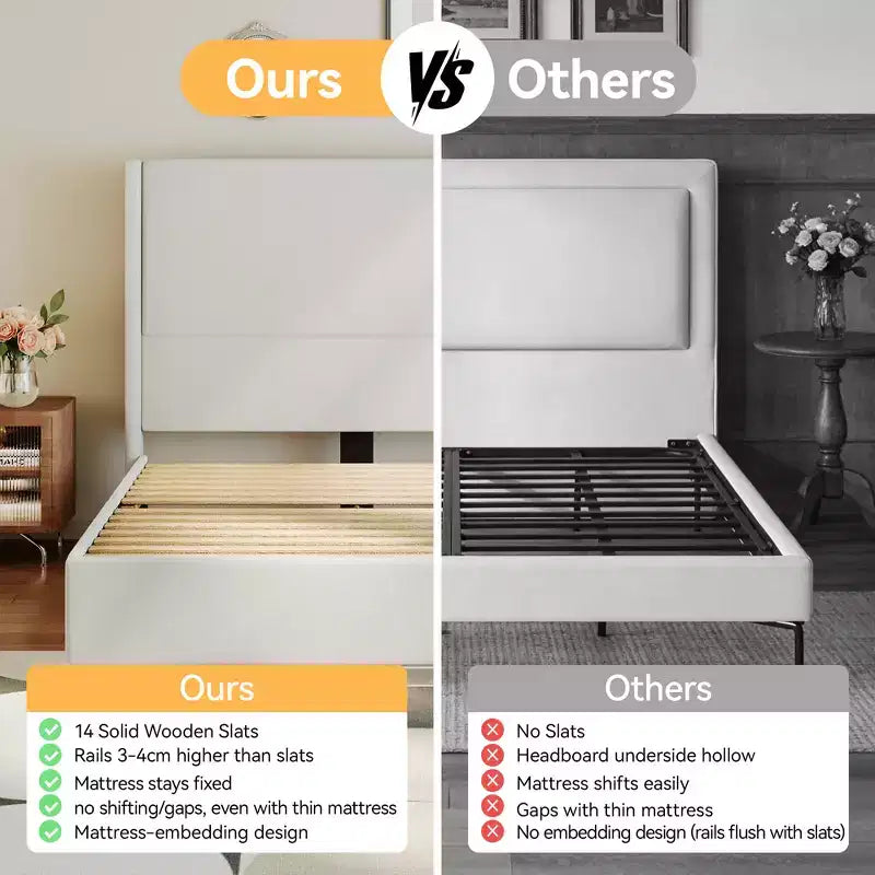 Tête de lit capitonnée à oreilles pour lit plateforme Queen Size - 140 cm de haut, lattes en bois massif, sommier tapissier non requis, base anti-bruit